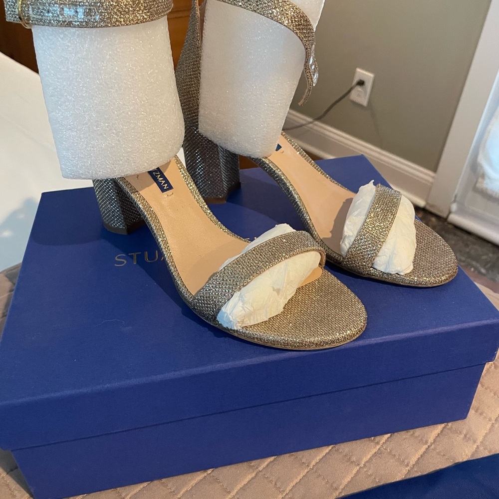 Stuart Weitzman Gold Block Heel Sandals (Nudistcurve 75)